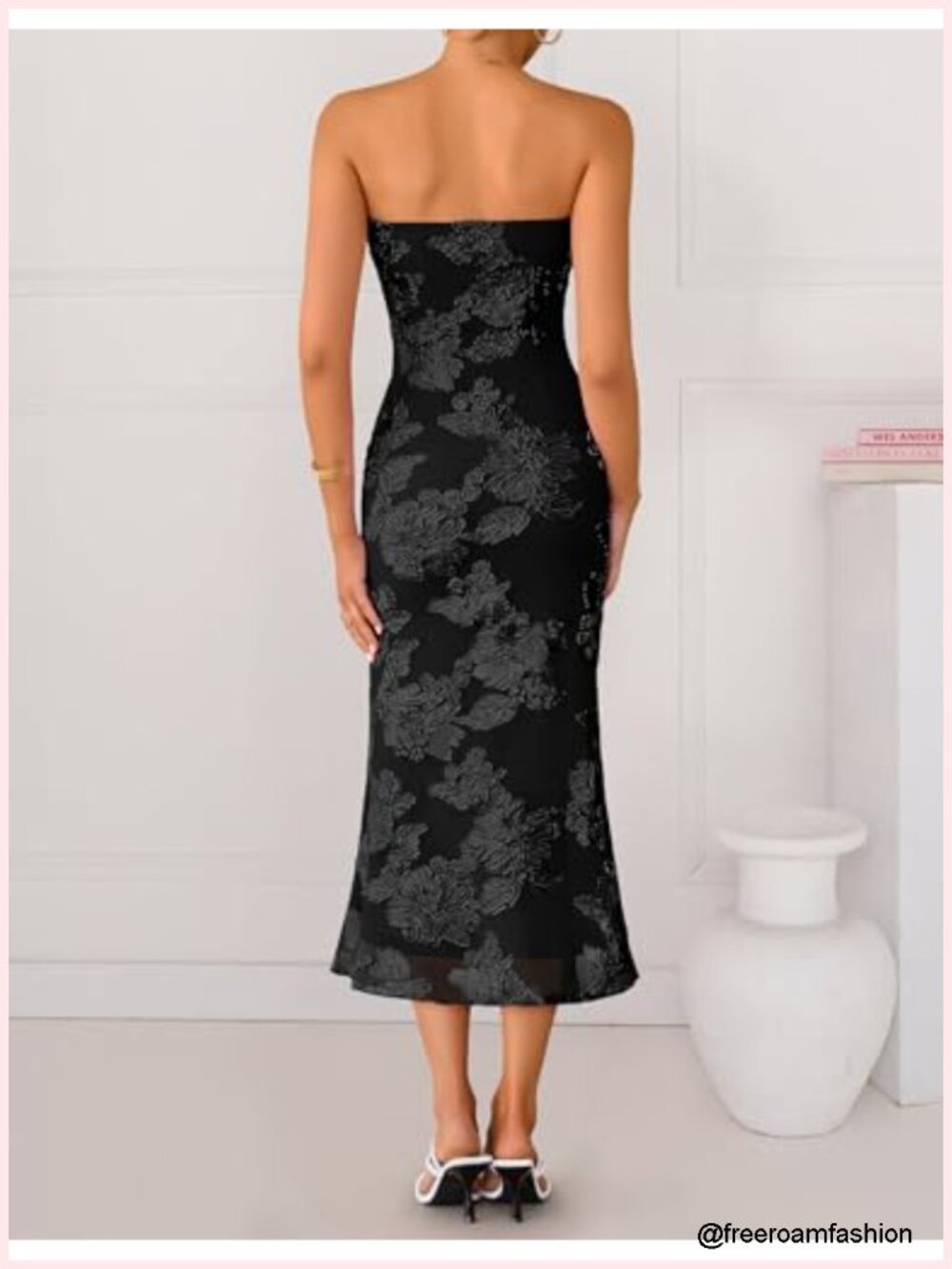 Strapless Floral Bodycon Mesh Midi Dress w/ Non-Slip Strips - Picture 4 of 6